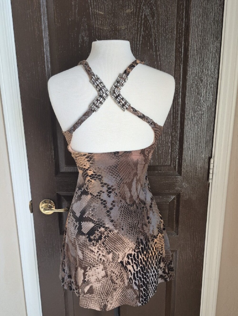 Sky Studded Empire Waist Animal Print Halter Dress in Brown and Tan Nwot - Picture 7 of 7